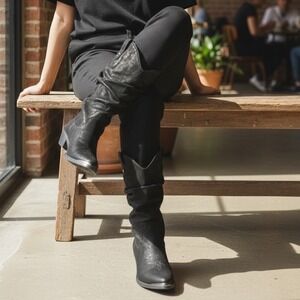 American Rag Black Western Cowboy Boots  Ruched Slouchy Block Heel Ankle Boot